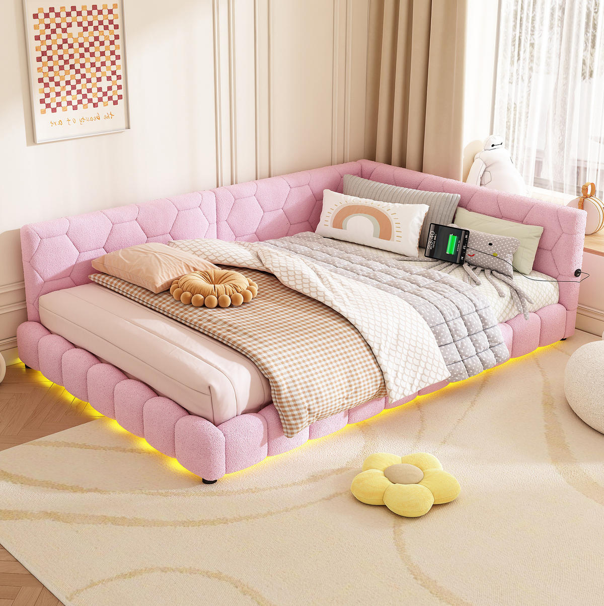 ČALOUNĚNÁ postel ze sametu, 140/200 cm růžová, s LED osvětlením a USB/USB-C - růžová, textil (140/200cm) - BEAOK