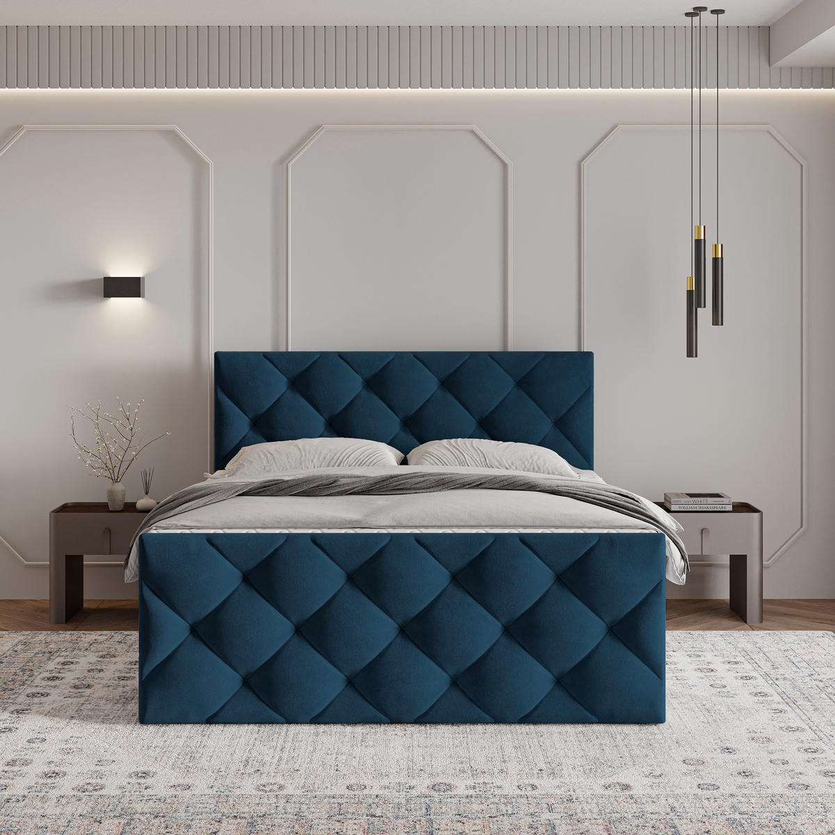 BOXBETT ROVARI 180x200 cm mit Matratze und Topper - Blau - Blau, Holz (180/200cm) - MASSENO