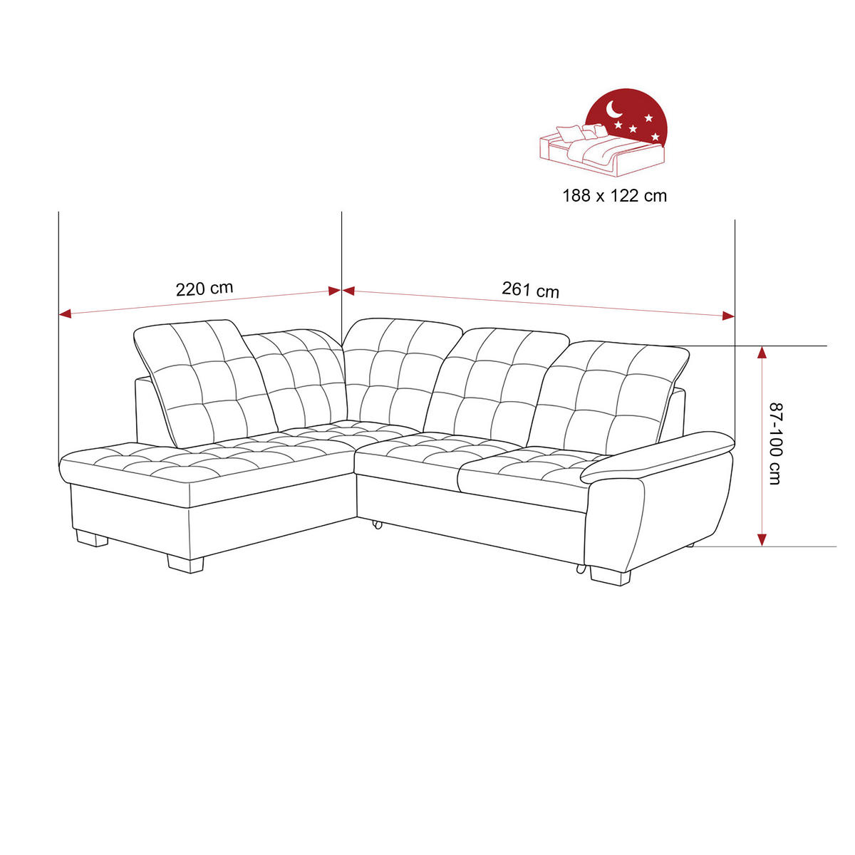 ECKSOFA LENO Links, mit Schlaffunktion und Bettkasten, Rot - Rot, Kunststoff/Textil (261/220cm) - Idohome
