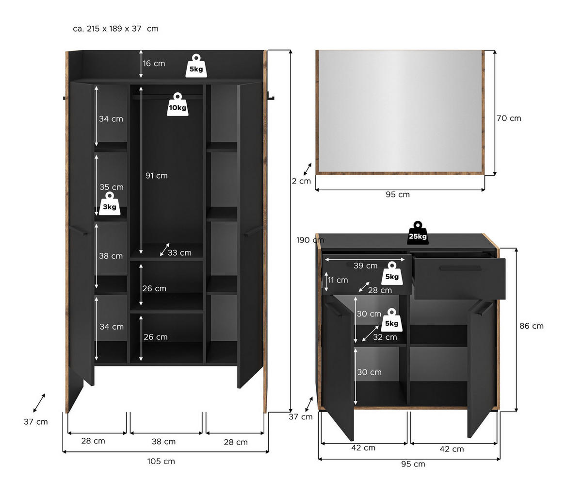 GARDEROBEN-SET BUENO 3-tlg. (B/H/T: ca. 215/189/37 cm) in Basalt grau/Basalt grau - Grau, Holzwerkstoff (215/189/37cm)