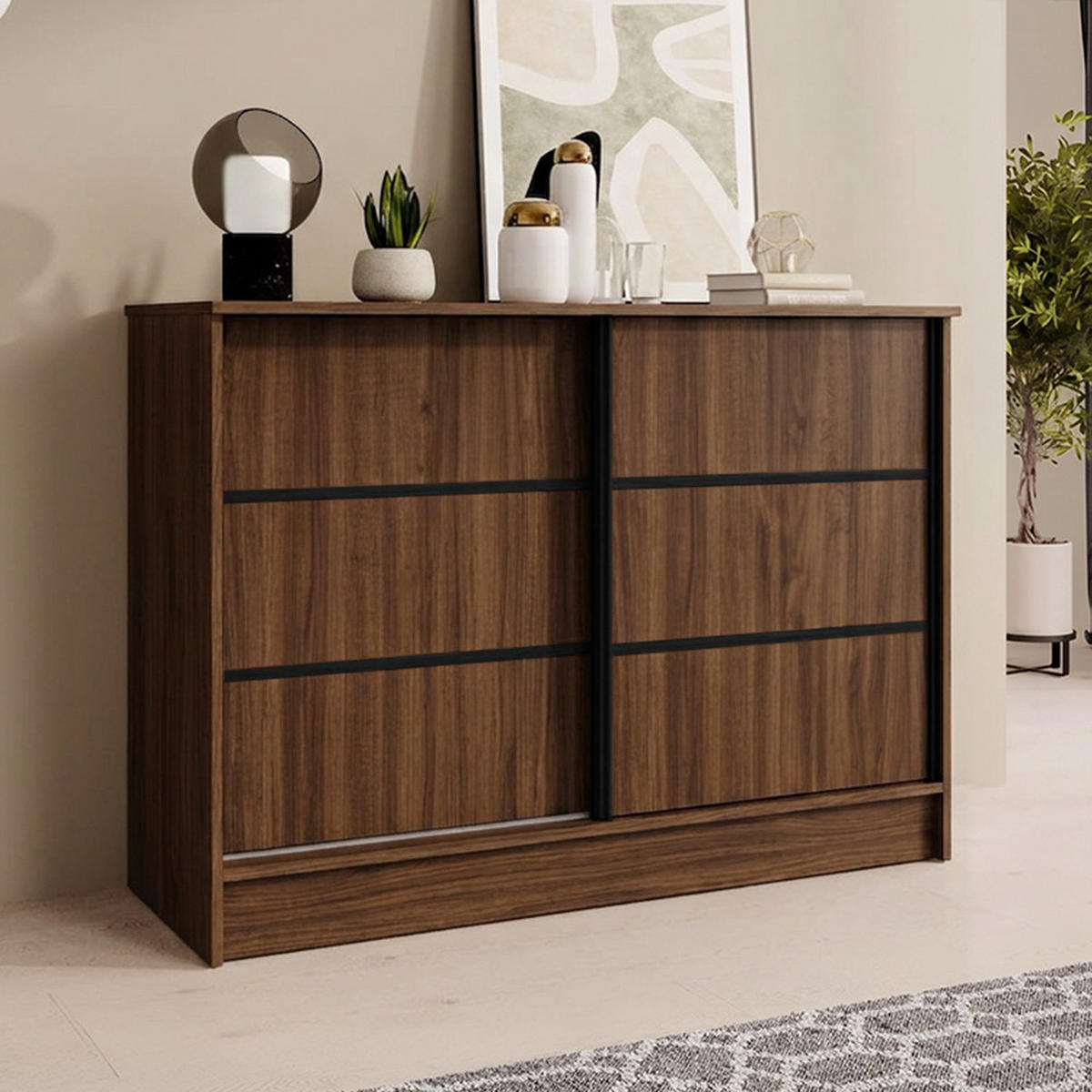 KOMMODE Mirela mit 2 Schiebetüren 100 cm, Walnuss+Schwarz - Walnussfarben/Schwarz, Holzwerkstoff (101/85/43.5cm) - Beautysofa