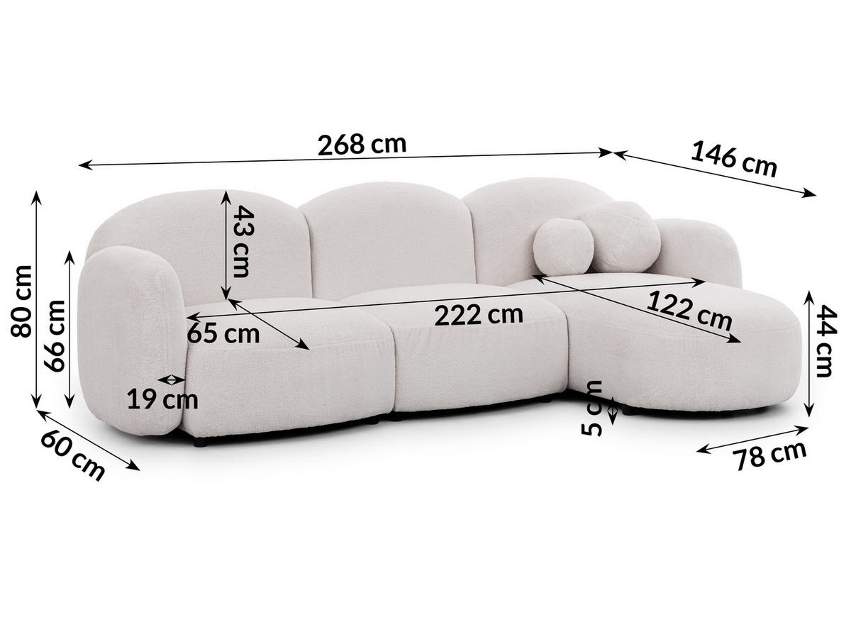 ECKSOFA Nuvola mit abgerundetem Design Schwarz Bouclé-Stoff - Ottomane Rechts - Schwarz/Weiß, Holz/Kunststoff (268/146cm) - S-Style Möbel