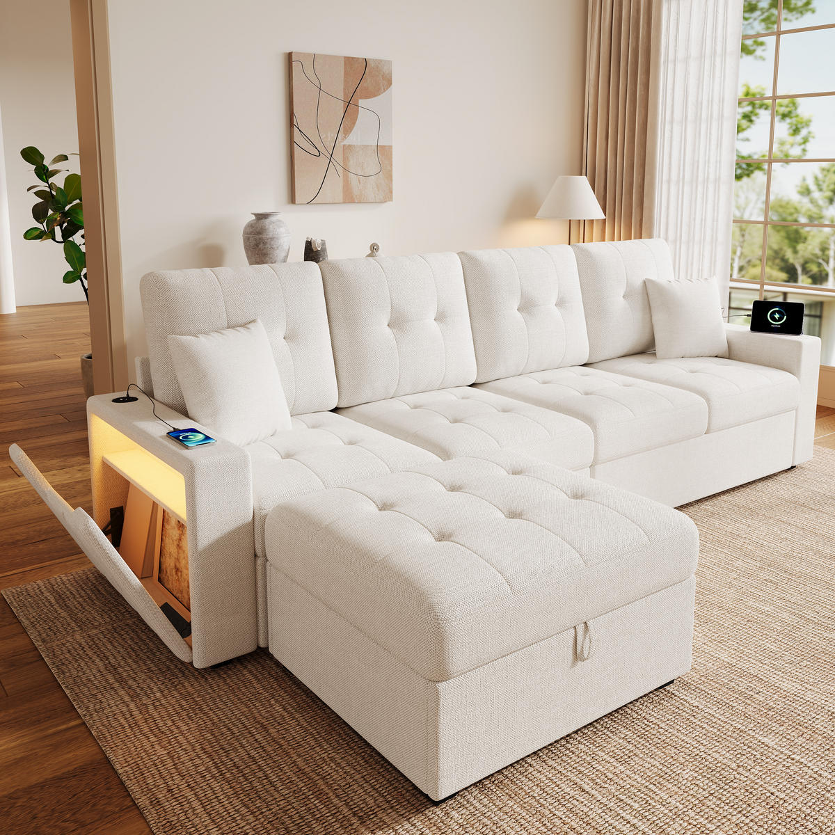ECKSOFA 253/144.5/80.7 cm Beige mit Aufbewahrungshocker, LED Stimmungslicht und Stauraum - Beige, Textil (253/144.5cm) - Oxeza
