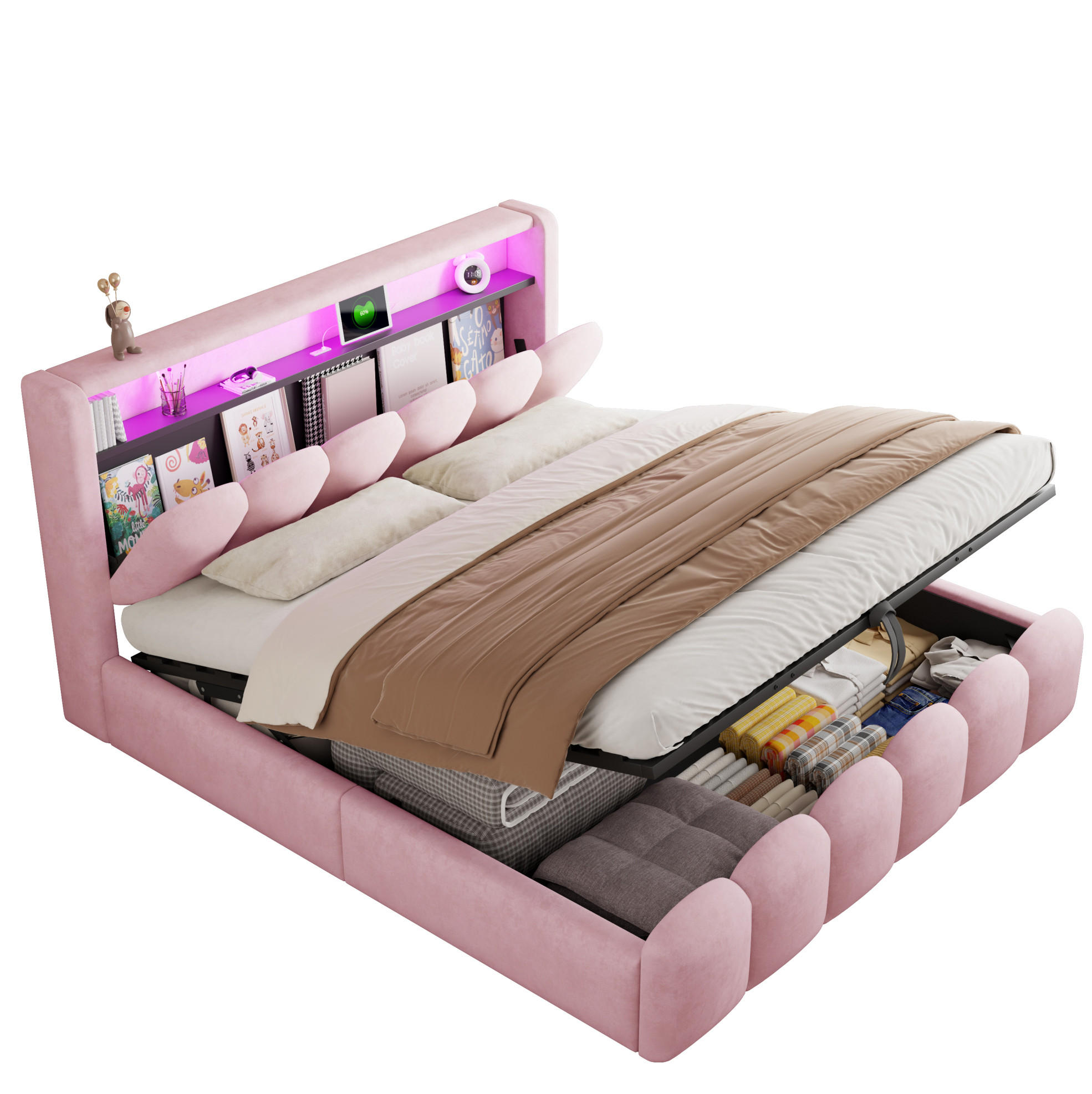 POLSTERBETT aus Samtstoff 180x200 cm Pink mit Bettkasten, Kopfteil-Stauraum, LED und USB-Anschlüssen - Pink, Textil (180/200cm) - Modfu