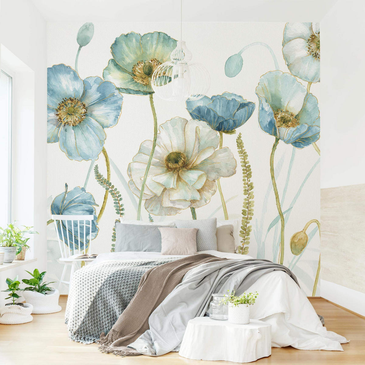 FOTOTAPETE Blüten in Gold und Blau 288/288 cm - Pastellblau, Papier (288/288cm) - Bilderwelten