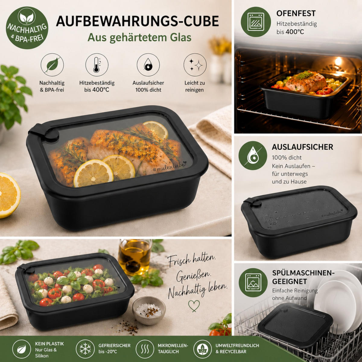 FRISCHHALTEDOSE LUND Meal Cube schwarz 1050 ml - Schwarz, Glas (15/7/20cm) - Mulex