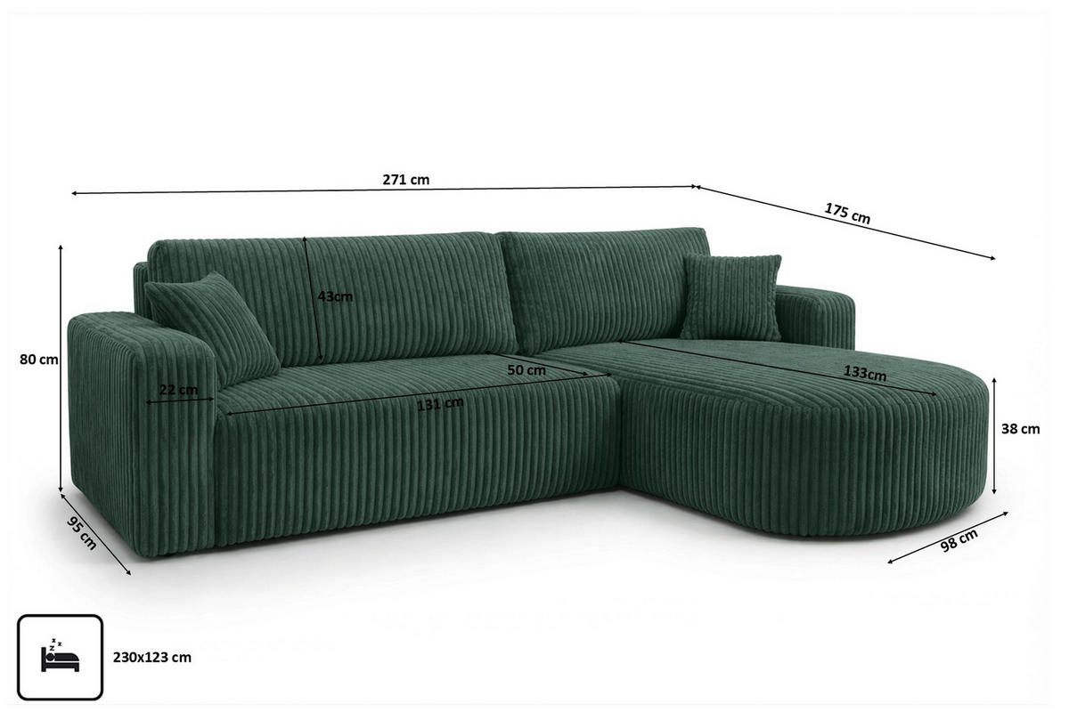 ECKSOFA Mit Schlaffunktion, Cordstoff Tilia, Grün, Rechts, ROUND ONE XL - Grün, Holz (271/175cm) - Kaiser Möbel