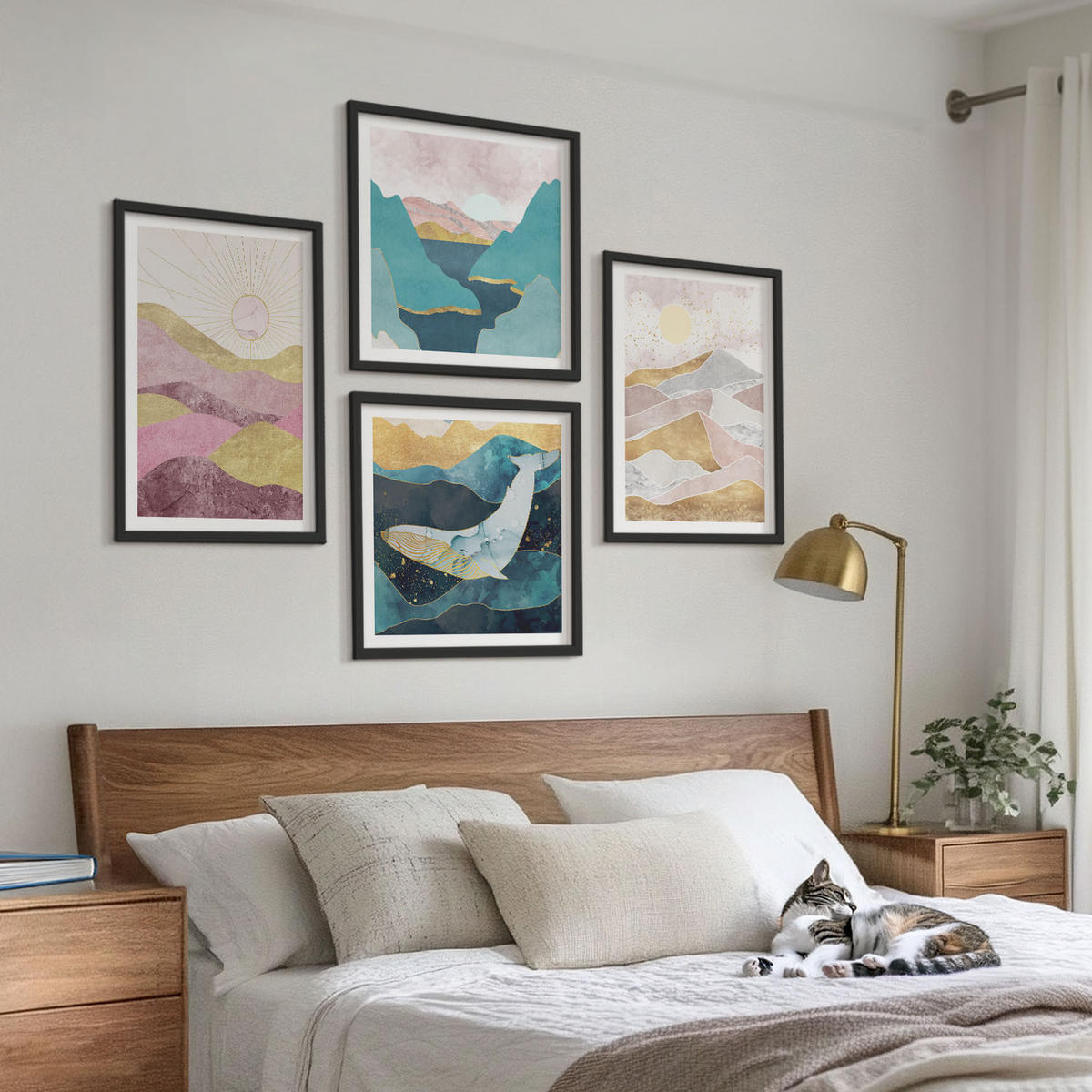 WANDBILDER 4er-Set - 50x50 cm & 40x60 cm Schwarzer Rahmen - Abstrakte Berge Sonne - Schwarz, Kunststoff (50/50cm) - ArtPrintCave