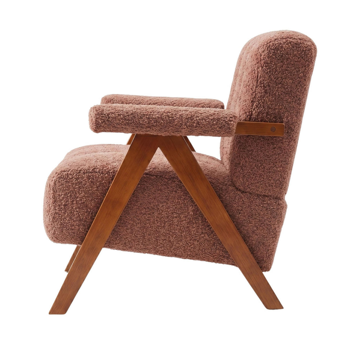 FÅTÖLJ i Bouclé och Ekträ, modern accentstol - Rostfärgad, Trä (77/77/68.5cm) - Urban Meuble