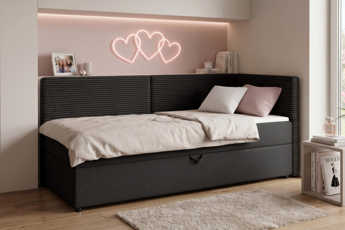 BOXBETT MILA 90/200 in Cord/Velours Schwarz H4 rechts - Schwarz, Holz/Holzwerkstoff (90/200cm) - Deine Möbel 24