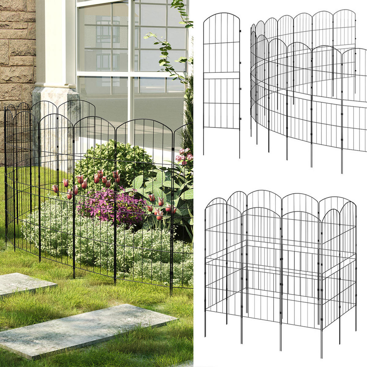 GARTENZAUN 10 Stück aus Metall in Schwarz Abnehmbares Design Robuste Metallkonstruktion je Paneel: 31 cm B × 96 cm H - Schwarz, Metall (31cm) - Livingandhome
