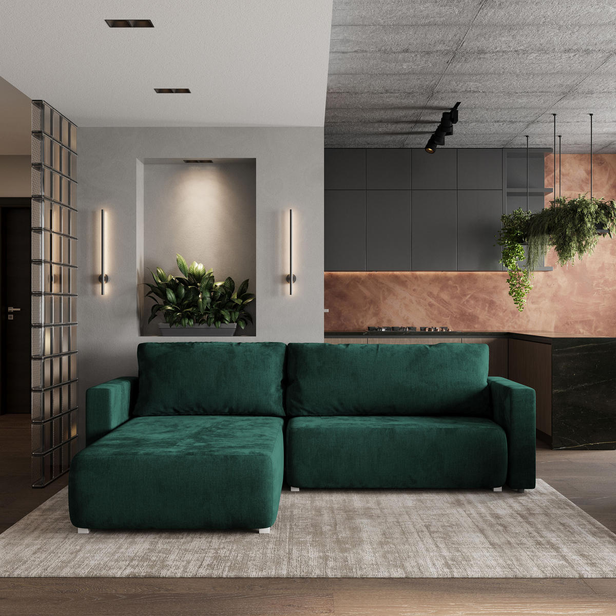 ROHOVÁ SEDAČKA TURIN tmavě zelená - šedá/tmavě zelená, dřevo/textil (265/183cm) - MASSENO