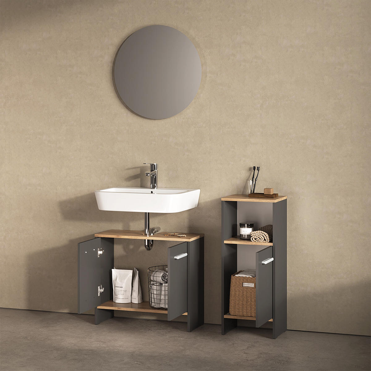BADEZIMMERMÖBEL-SET Amalfi Anthrazit/Goldkraft Eiche 2 Teile - Honigeiche/Anthrazit, Holzwerkstoff (63.8/57/26.3cm) - Livinity®