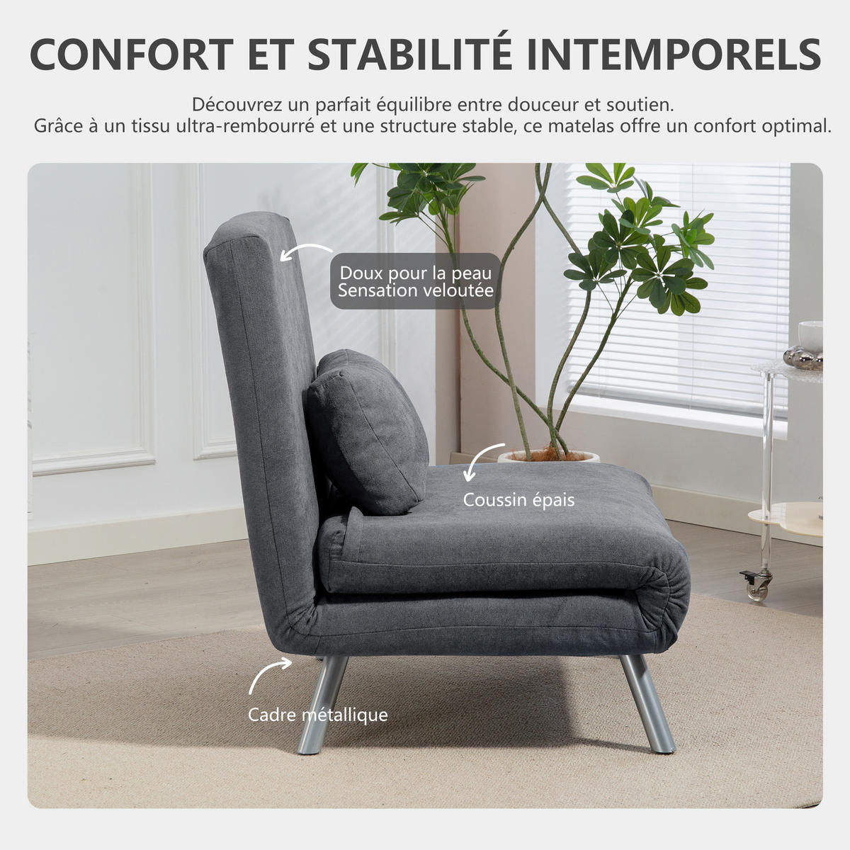 SCHLAFSESSEL DE-14663 3-in-1 mit 5-stufiger Rückenlehne & breiter Sitzfläche Dunkelgrau - Dunkelgrau, Metall (75/83/80cm) - ComfortXL
