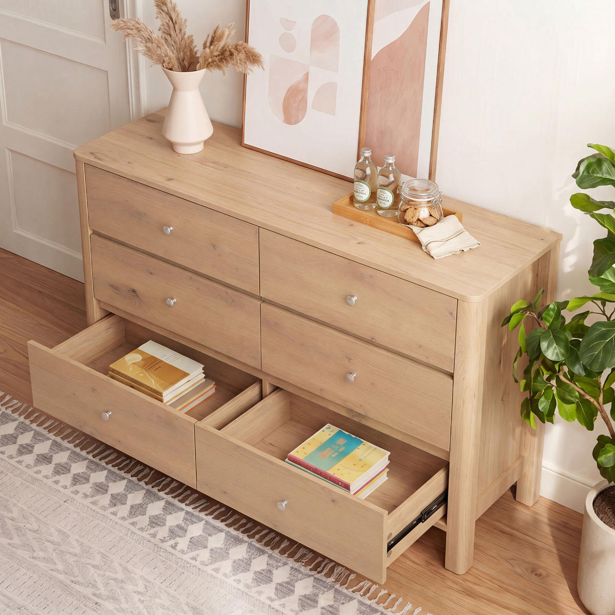 KOMMODE DE-38200 120/40/80 cm mit 6 Schubladen Eiche/Silber - Eichefarben, Holzwerkstoff (120/80/40cm) - ComfortXL