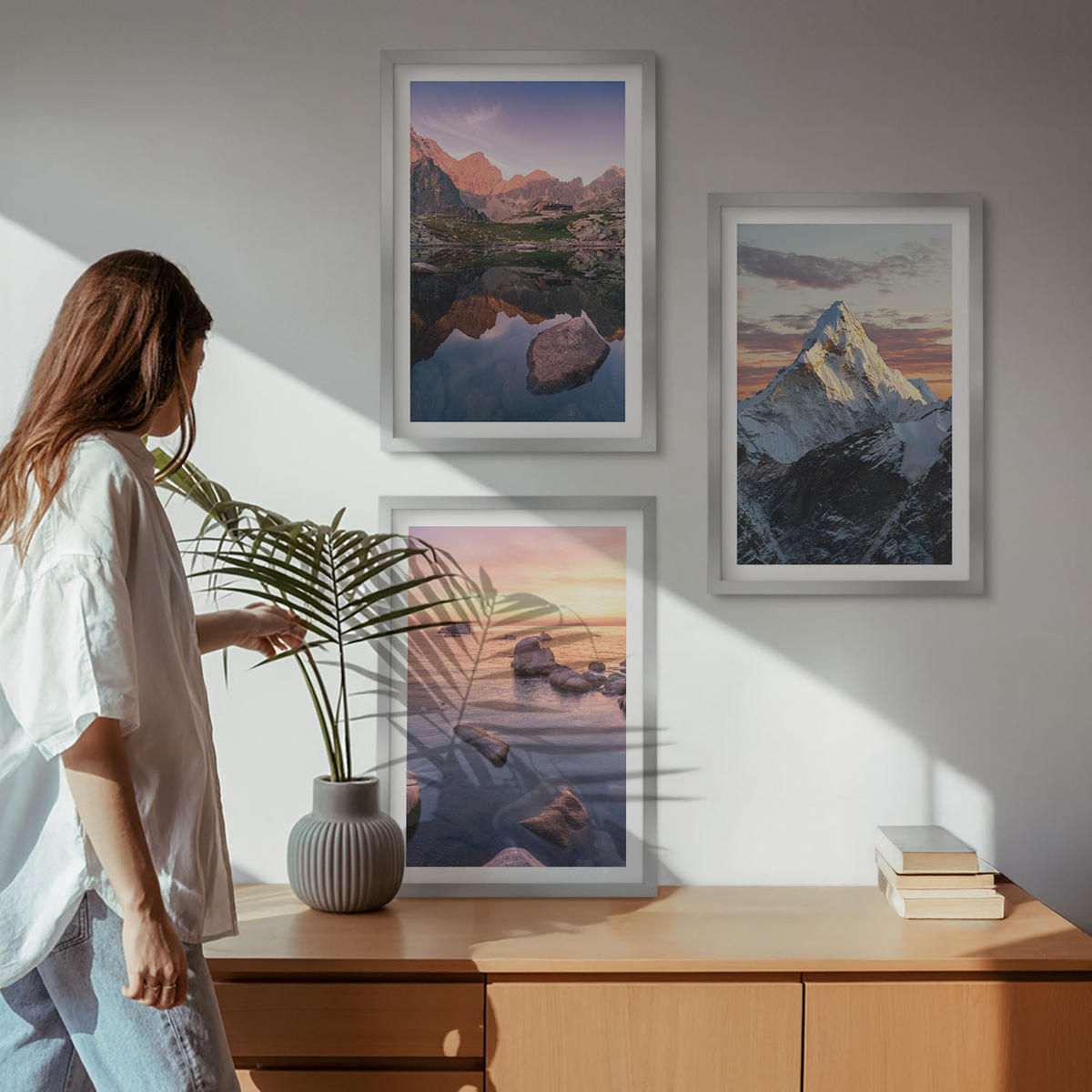 BILDER SET 3er Set - 40x60 cm Silberner Rahmen - Berglandschaften im Hintergrund - Silberfarben, Kunststoff (40/60cm) - TULUP