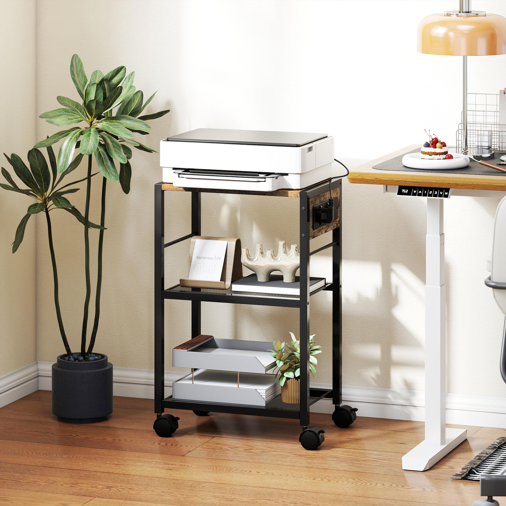DRUCKERSTÄNDER Druckeregal mit Rollen, Steckdosen, USB- und USB-C-Anschlüsse - Rostfarben/Schwarz, Holzwerkstoff/Metall (28/64.5/42cm) - HOMCOM