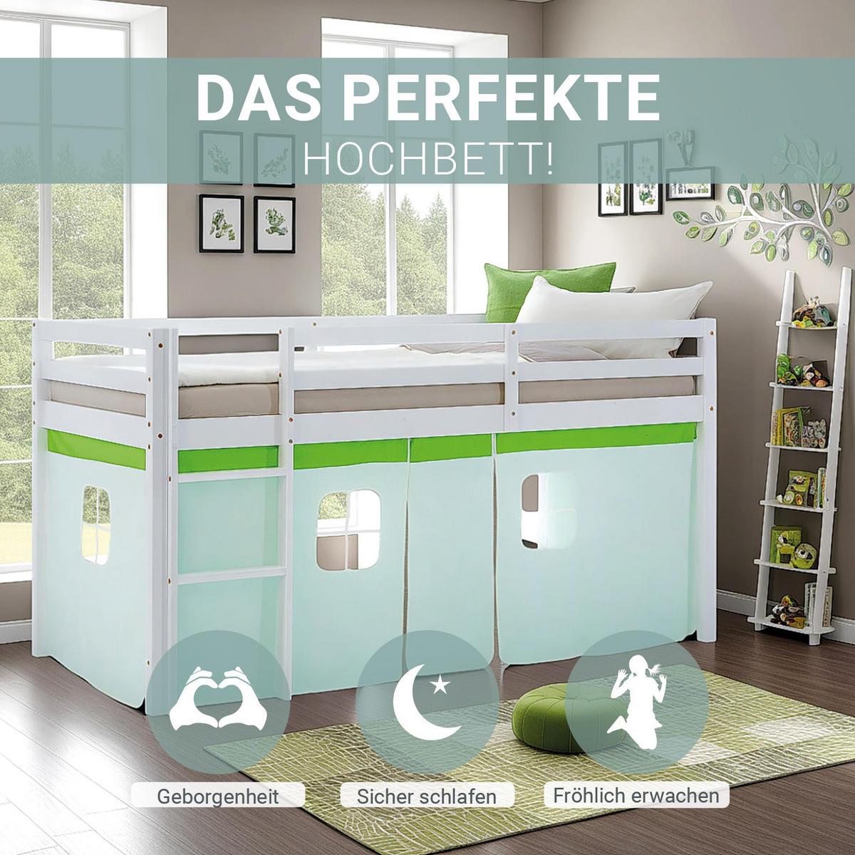 HOCHBETT 90/200 cm in weiß Bettvorhang Grün - Weiß/Grün, Holz - Homestyle4u