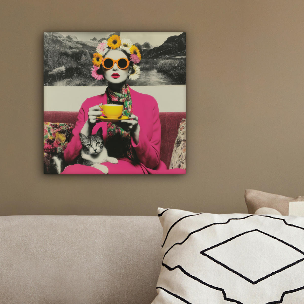 LEINWANDBILD Frau - Katze - Blumen - Tasse - Retro Deko Wohnzimmer 20x20 cm - Magenta, Textil (20/20cm) - MuchoWow