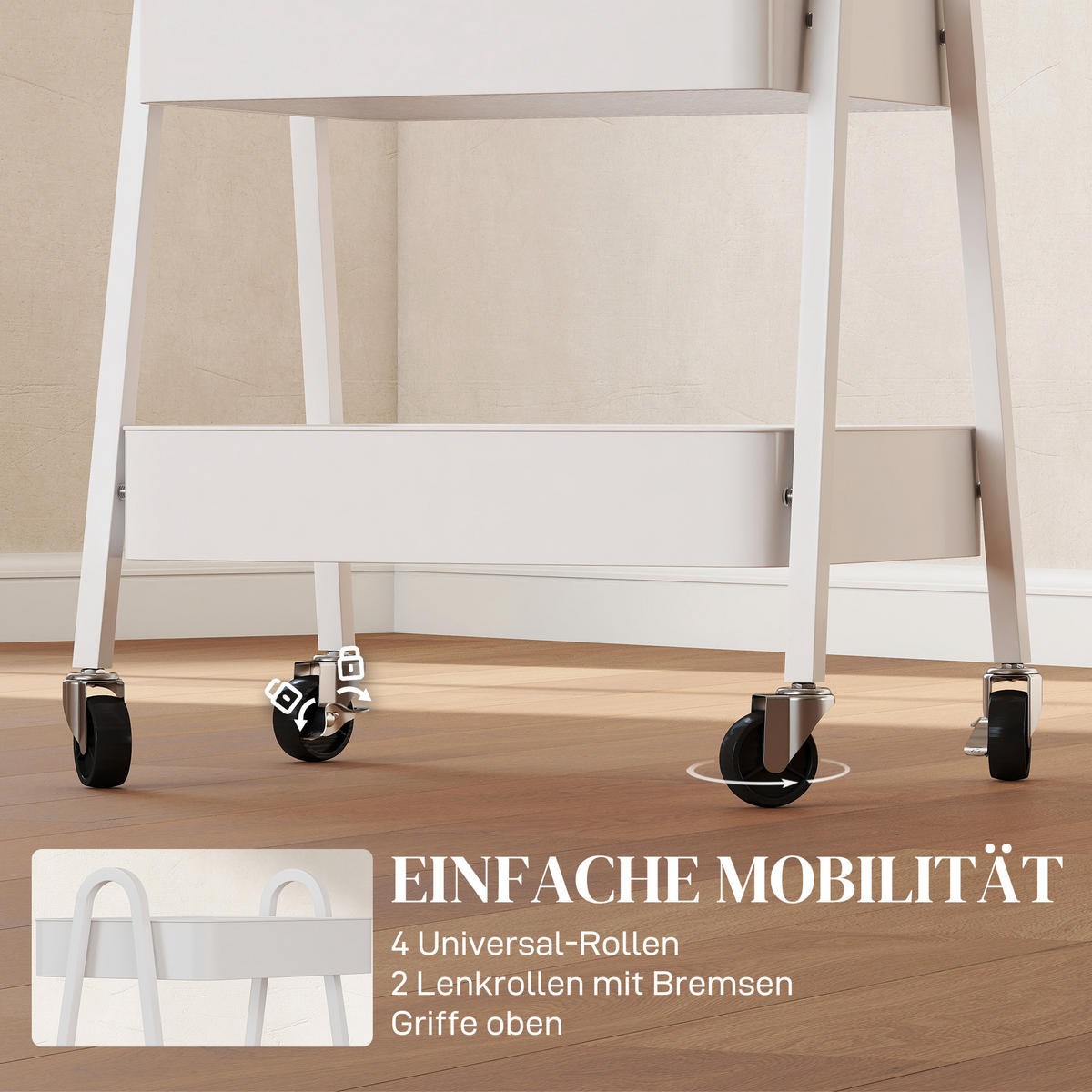 SERVIERWAGEN mit 3 Ebenen Küchenwagen mit Rollen Griff Rollwagen mit Bremse - Weiß, Metall (29.8/74.5/42.4cm) - HOMCOM