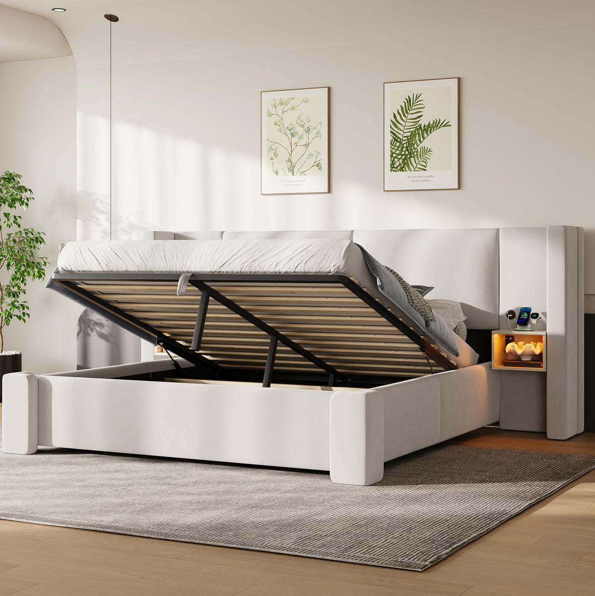 POLSTERBETT aus Leinen und MDF 180x200 cm Beige mit hydraulischem Bettkasten und LED-Nachttischen - Beige, Textil (180/200cm) - Modfu