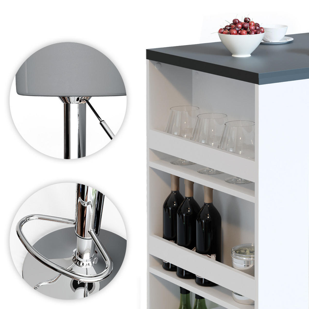 BARTISCH-SET Anthrazit/Weiß 57 x 80 cm mit 2 Barhockern - Anthrazit/Weiß, Holzwerkstoff (57/106/80cm) - Vicco