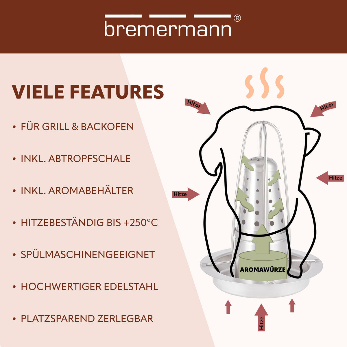 HÄHNCHENGRILLER, silber, Edelstahl - Edelstahlfarben, Metall (18/23/18cm) - bremermann