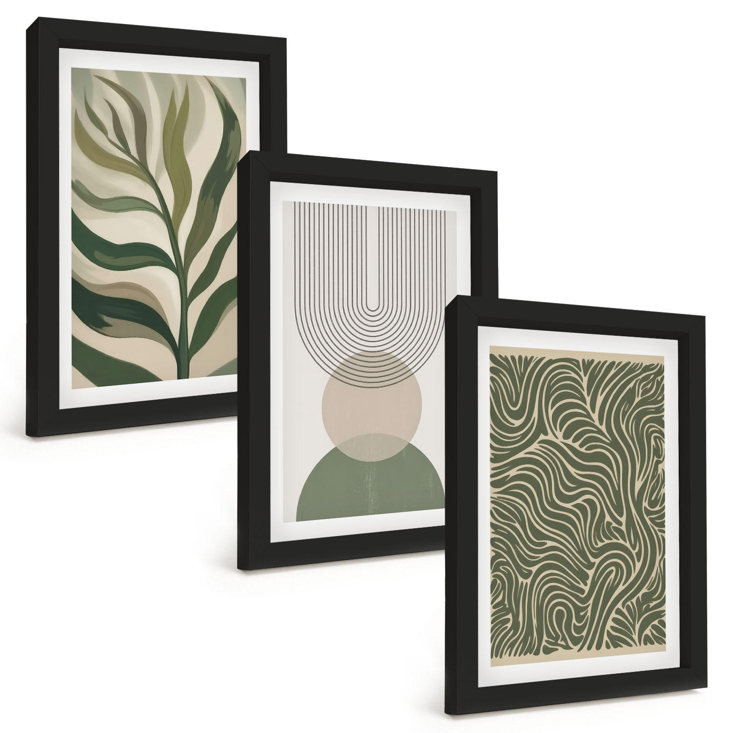 BILDER SET 3er Set - 20x30 cm Schwarzer Rahmen - Geometrische Blattformen - Schwarz, Kunststoff (20/30cm) - TULUP