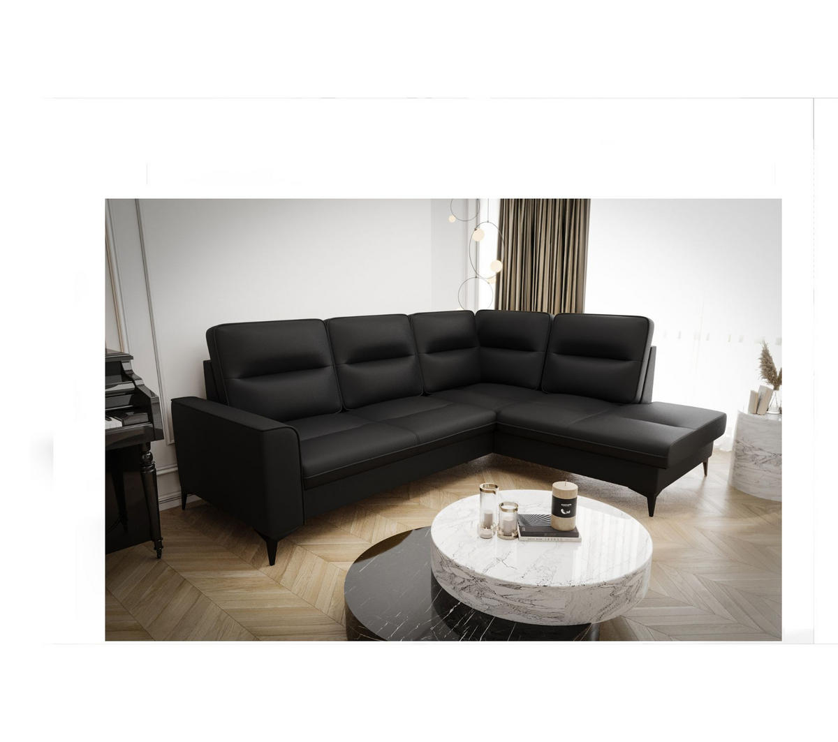 ECKSOFA KONGO RBN14, Eckcouch in L-Form mit Schlaffunktion, Farbe: Schwarz, Kunstleder, Ottomane Rechts - Schwarz, Textil (260/200cm) - O-Sofa