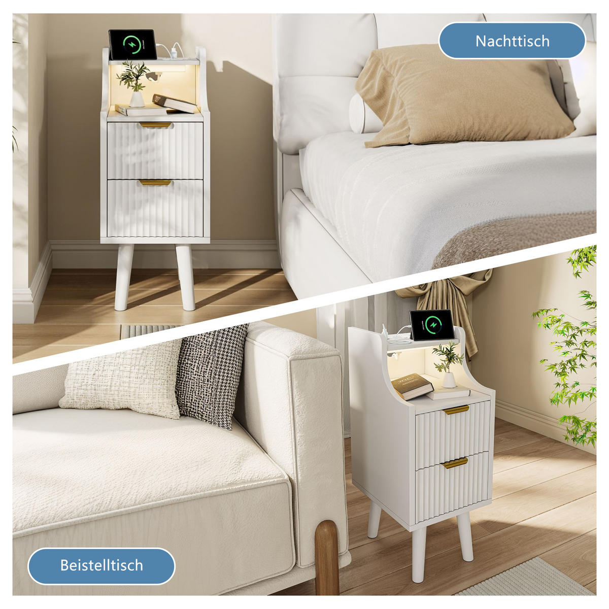 NACHTTISCH 2er-Set mit LED, Steckdose & USB, 2 Schubladen, Weiß, MDF - Weiß, Holz (25/76/30cm)