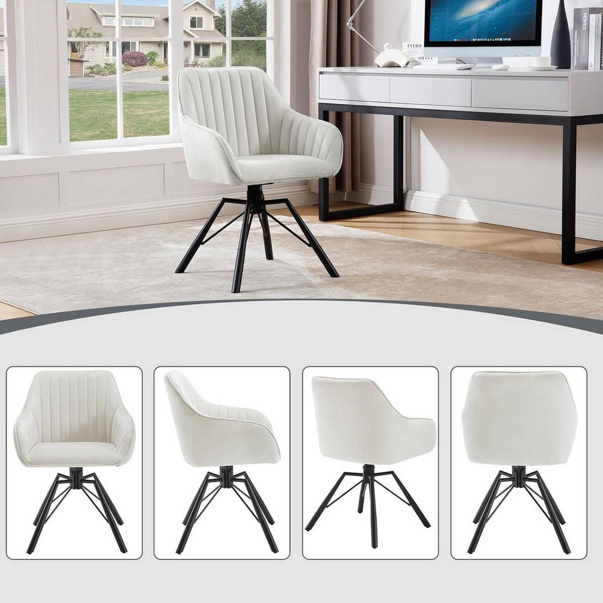 ESSZIMMERSTUHL drehbar, Samt Sessel, Creme - Creme/Schwarz, Textil/Metall (57/83.5/53cm) - Woltu
