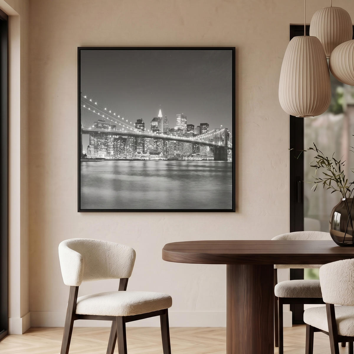 LEINWAND Bilder mit Rahmen - New York - Brücke - Brooklyn - Schwarz und weiß - Architektur - 90x90 - Schwarz, Textil (90/90cm) - MuchoWow