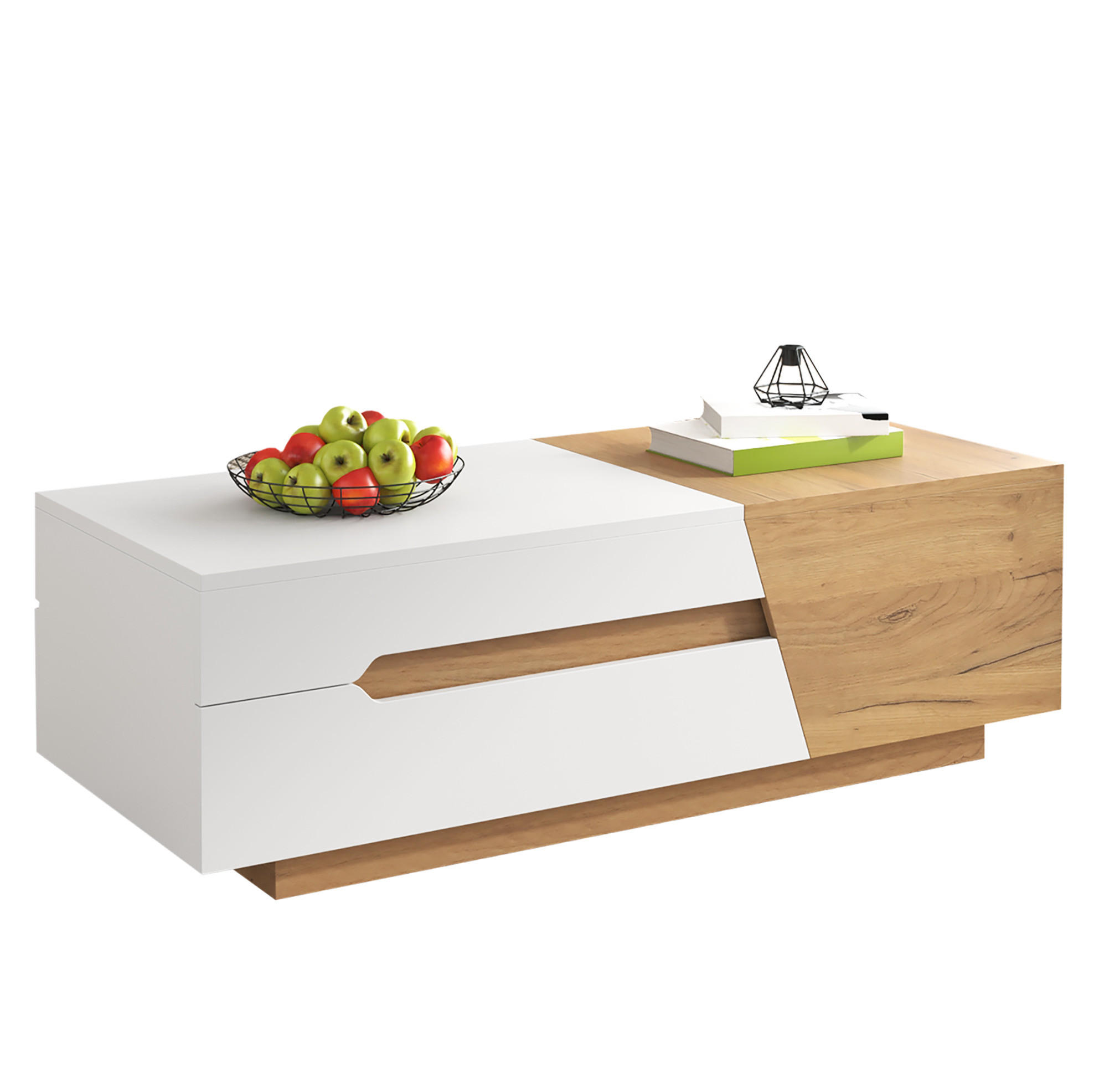 COUCHTISCH aus MDF mit verschiebbarem Stauraum und 2 Schubladen, 120/50/37,5 cm, weiß und natur - Weiß, Holzwerkstoff (120/50/37.5cm) - Redom