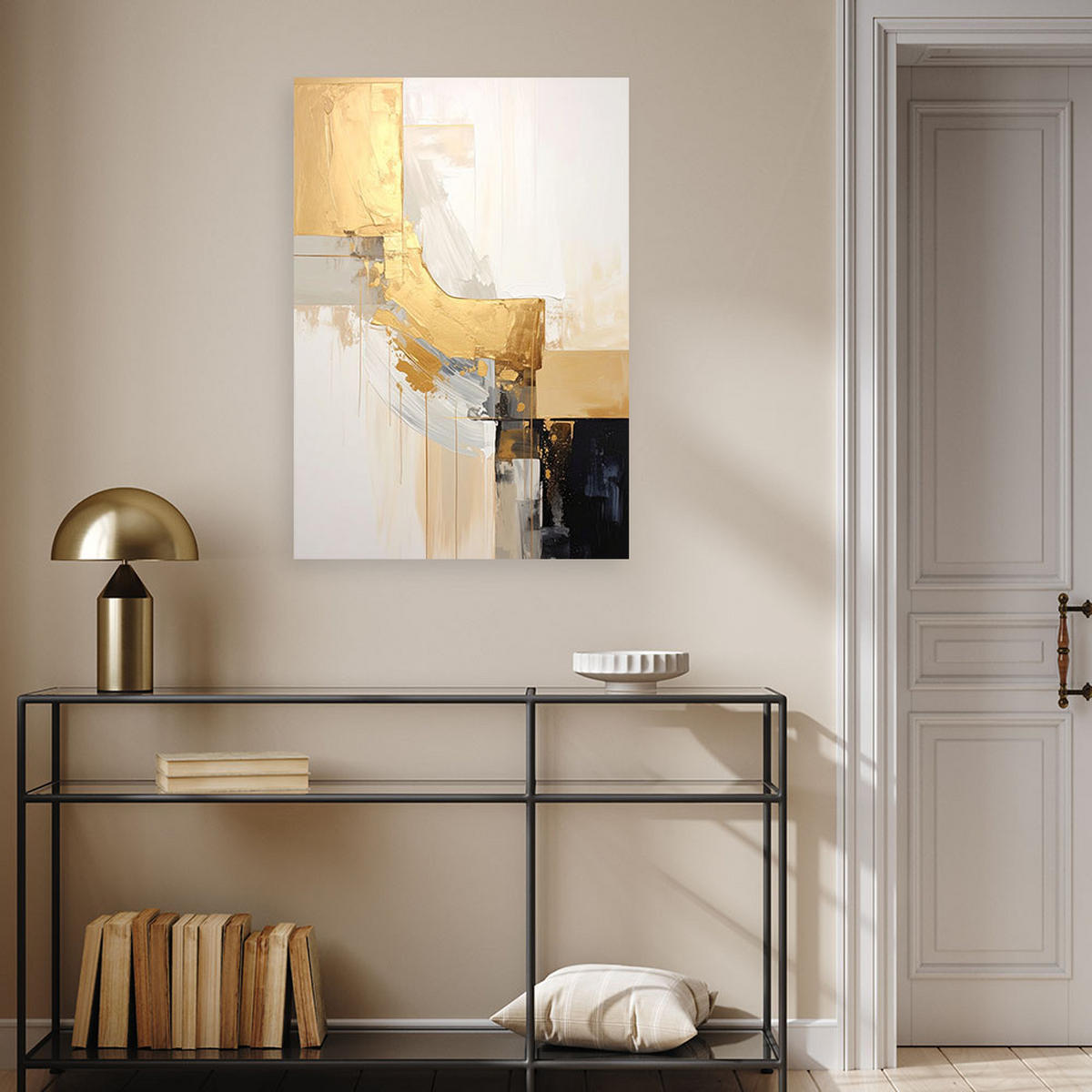 BILD auf Leinwand, Abstraktion in Weiß Beige und Gold mit geometrischen Formen - Beige, Textil (70/100cm) - Feeby