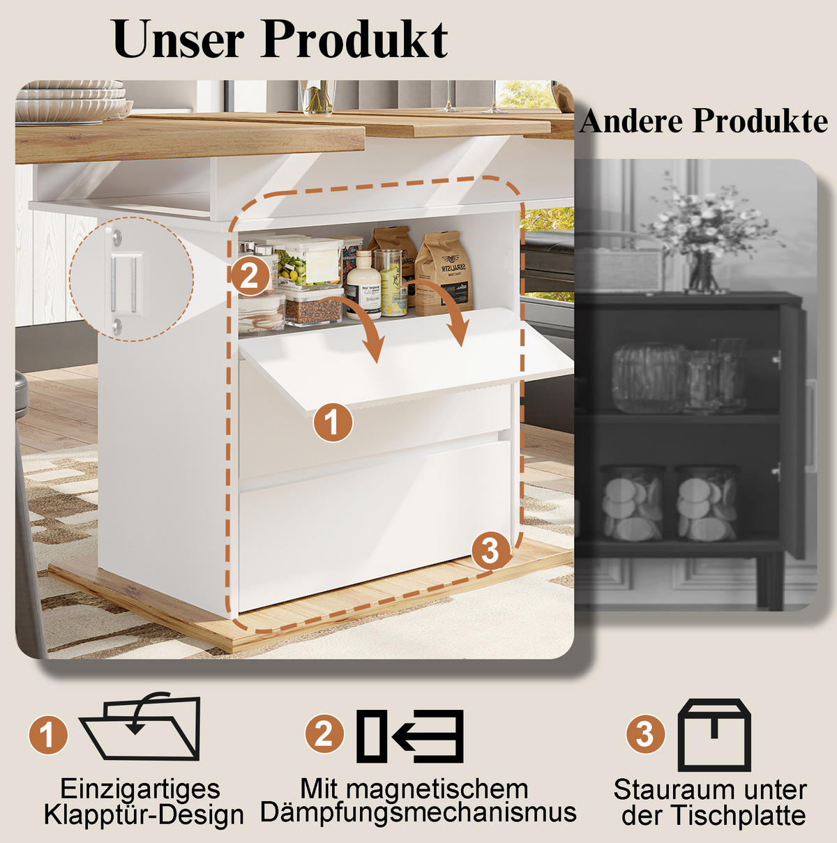 JÍDELNÍ stůl 110-140/80/75 cm přírodní/bílý z MDF s rozkládací deskou a úložným prostorem - bílá, kompozitní dřevo (140/80/75cm) - OKWISH