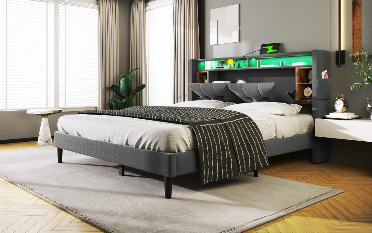 ČALOUNĚNÁ postel 140/200 cm šedá z masivního dřeva s úložným čelem USB a LED - šedá, dřevo (140/200cm) - OKWISH