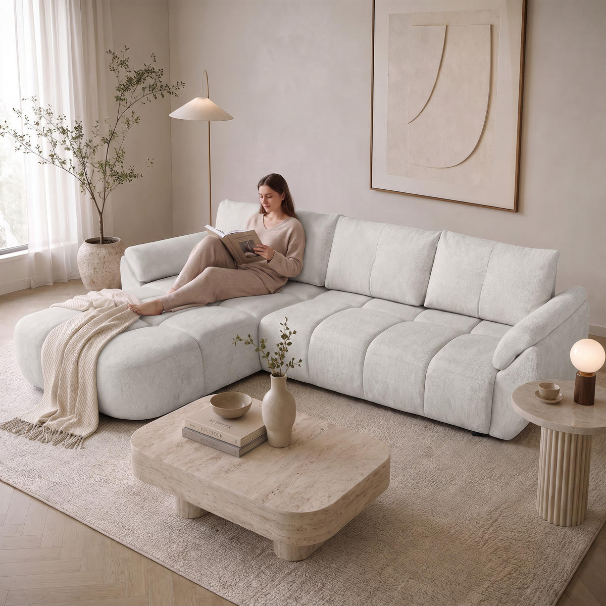 ECKSOFA Massimo, universelle Eckschlafsofa 280 cm mit Schlaffunktion und Bettkasten, Creme - Creme, Textil (283/204cm) - Beautysofa