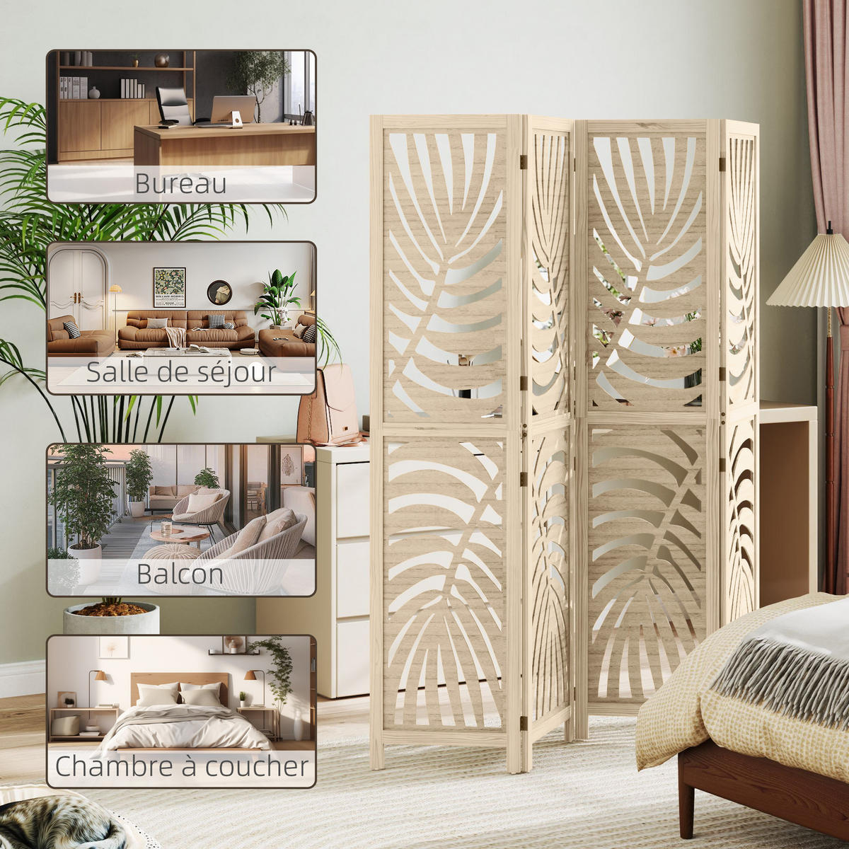 PARAVENT DE-14293 4-teilig, abnehmbare Segmente, Palmblatt-Motiv Natur - Naturfarben, Holz (160/170/1.7cm) - ComfortXL