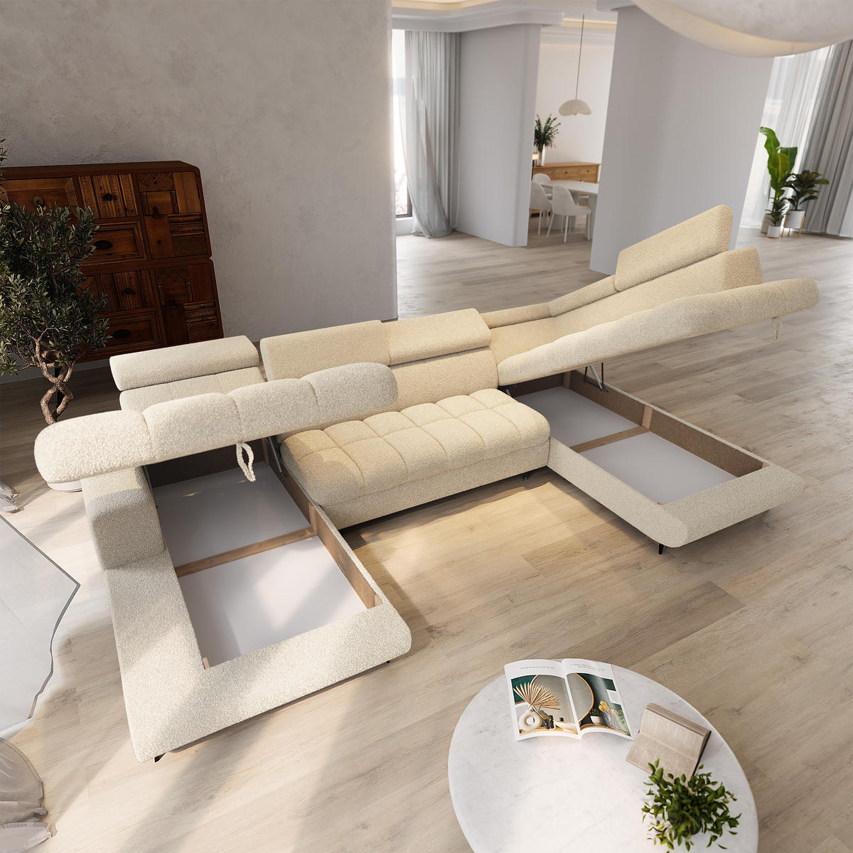 WOHNLANDSCHAFT CORENO Creme Boucle-Stoff mit Schlaffunktion - Creme, Holz (345/88/190cm) - MASSENO
