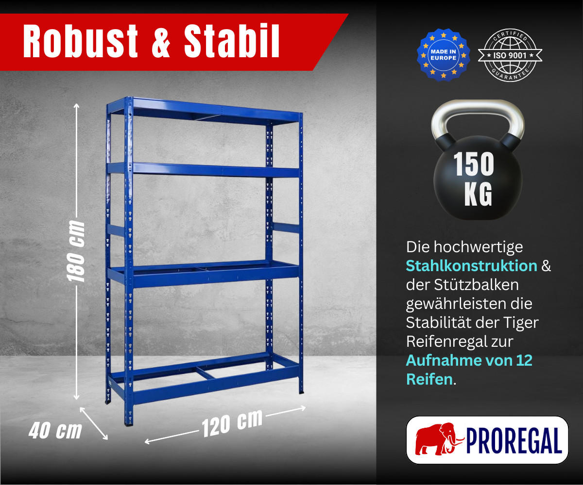 REIFENREGAL Tiger 180x120x40 cm bis zu 12 Reifen auf 2 Ebenen + 2 Ablagen Blau - Blau, Metall (120/180/40cm) - PROREGAL
