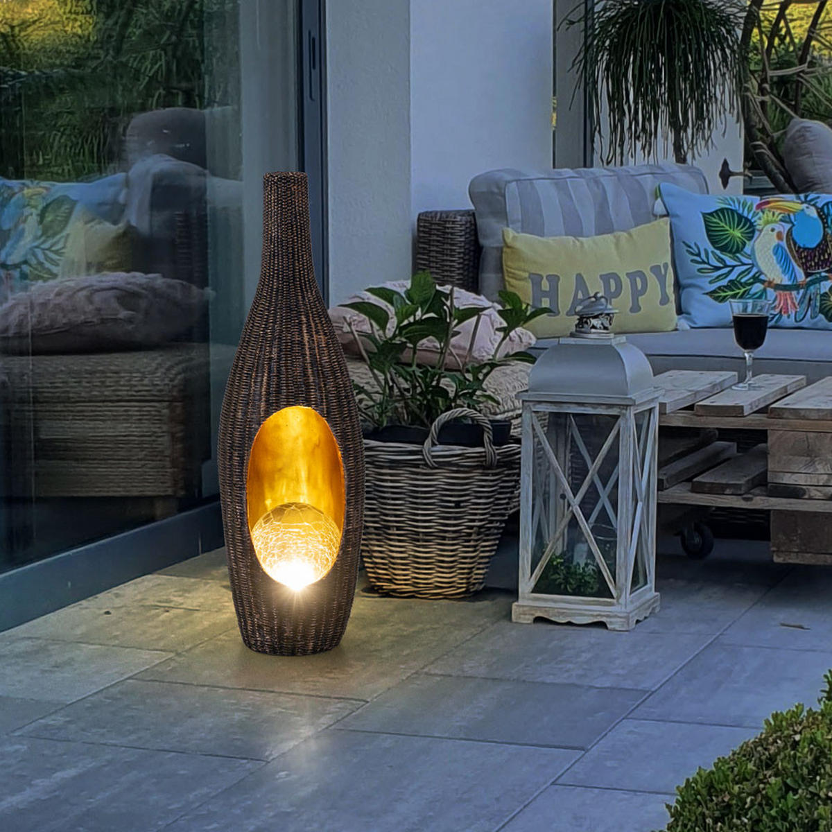 LED AUSSENLEUCHTE Rattan Design Braun 2er Set - Braun, Kunststoff (14.3/13/45.5cm) - Globo Lighting