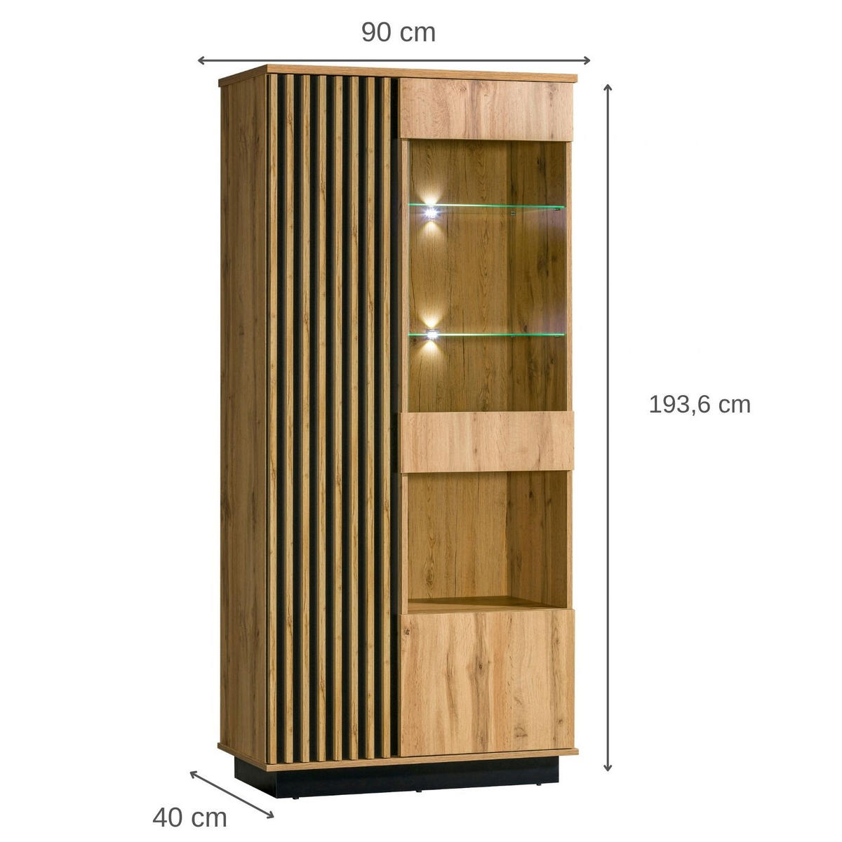 VITRINE Lamelo mit 2 Türen, Glastür & Einlegeböden, ohne LED, 90 cm, Eiche Wotan - Eiche Wotan, Holzwerkstoff (90/194/40cm) - Beautysofa
