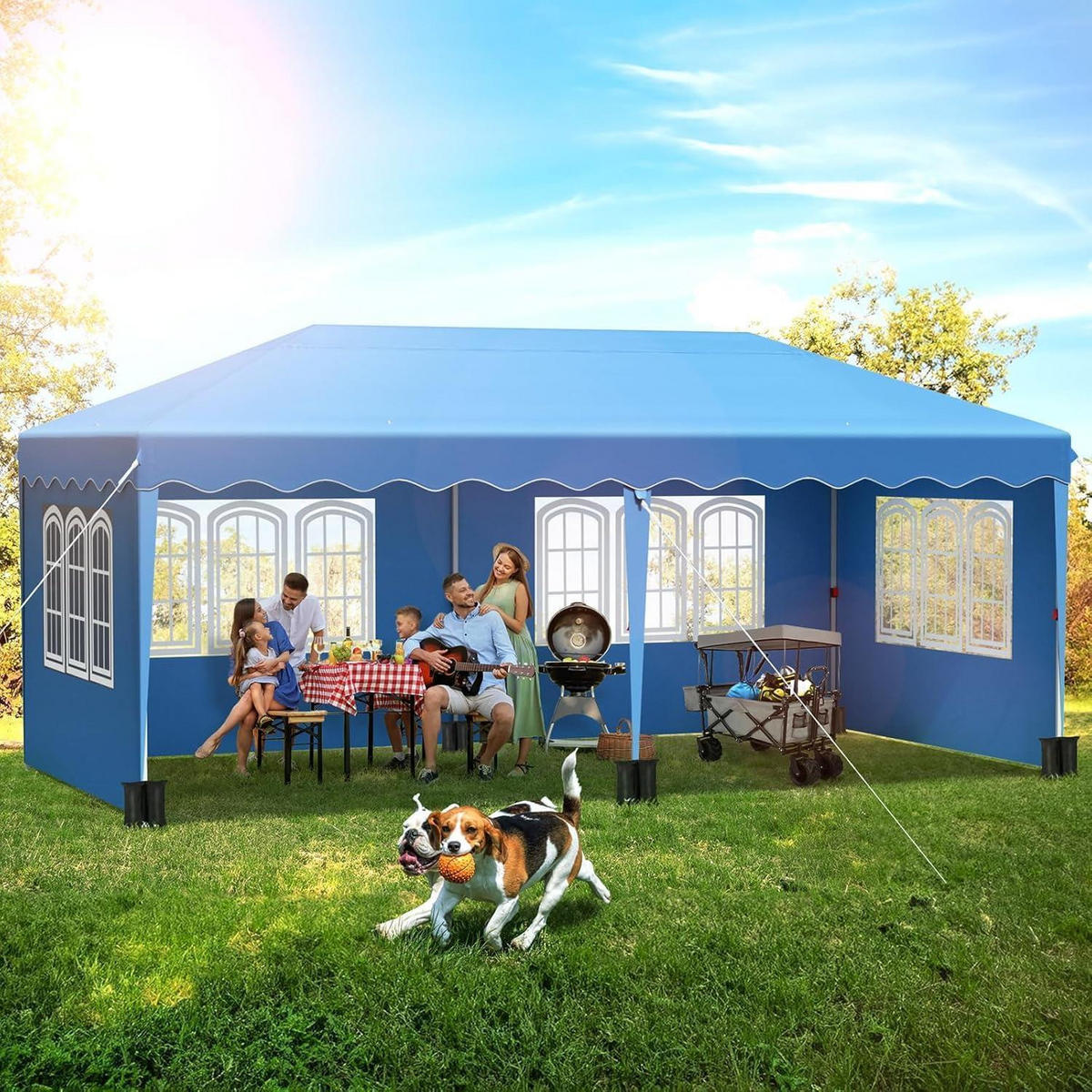 FALTPAVILLON 3x6 m mit 4 Seitenteilen und 6 Sandsäcken, wasserdicht, UV-Schutz 50+ - Blau, Textil (300/270/600cm)