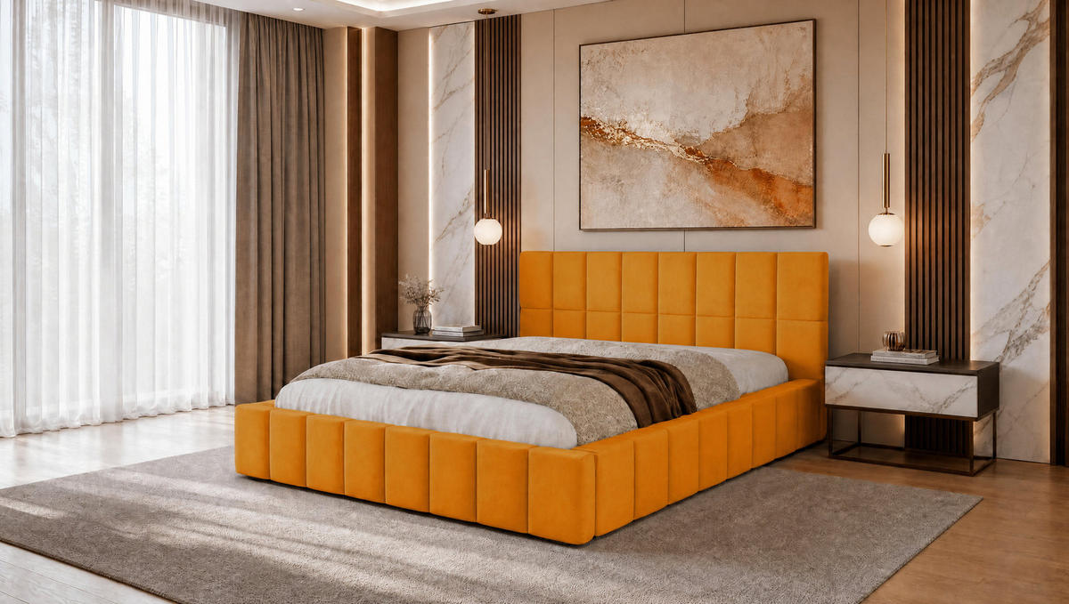 POLSTERBETT 140x200 cm, Alma, Doppelbett mit Bettkasten, Lattenrost aus Holz, Velourstoff, Gelb - Gelb, Holz/Textil (140/200cm) - Marpur