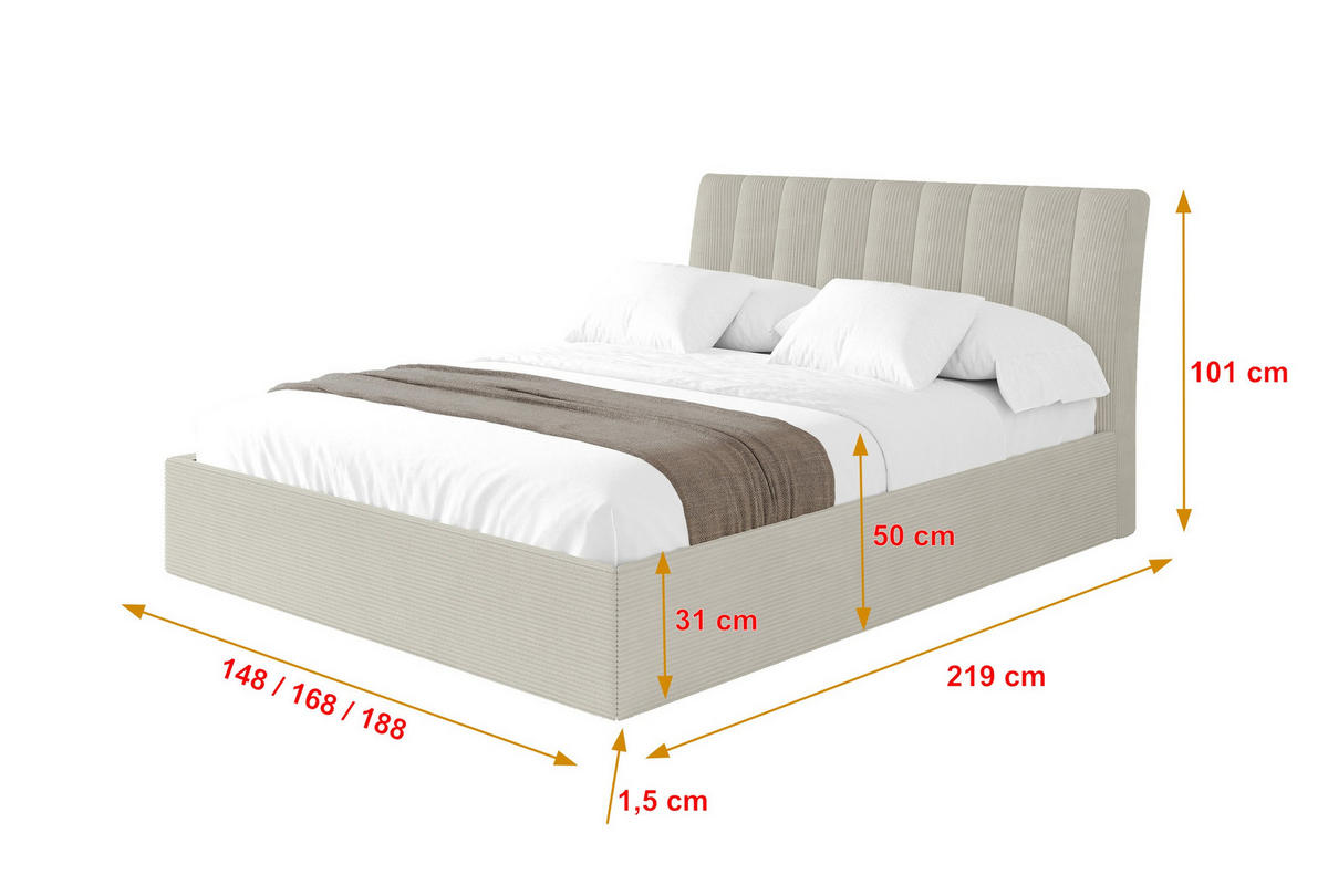 POLSTERBETT mit Bettkasten und Lattenrost, Boxbett ohne Matratze - ILAN 180x200 Creme - Creme, Holzwerkstoff/Textil (180/200cm) - ALTDECOR