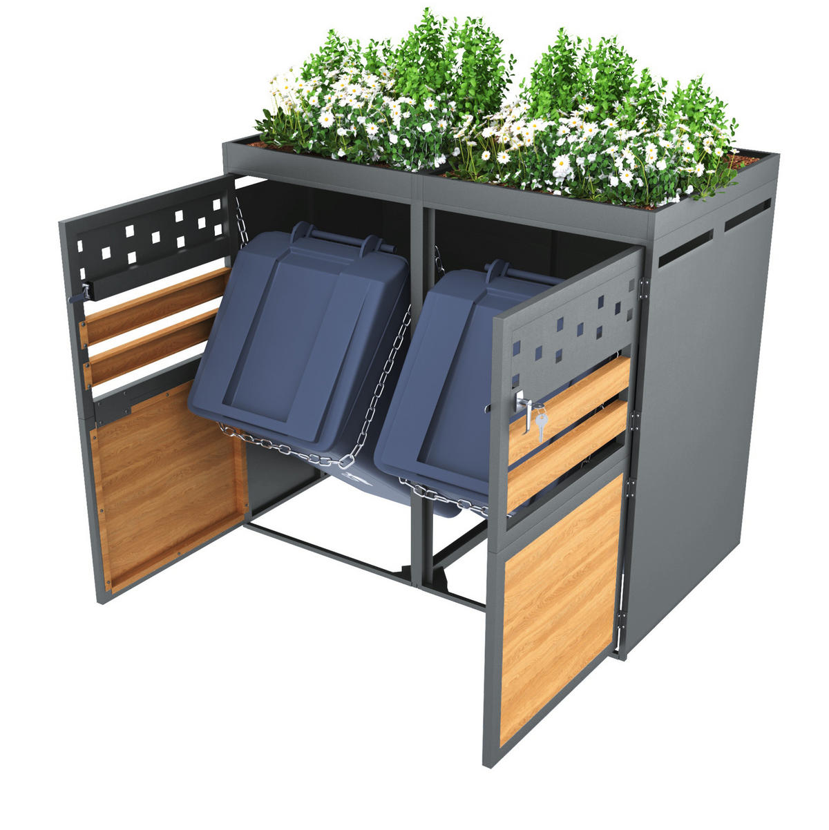 MÜLLTONNENBOX aus Metall in Anthrazit Natur mit Pflanzendach - Grau, Metall (132/125/80cm) - Modfu