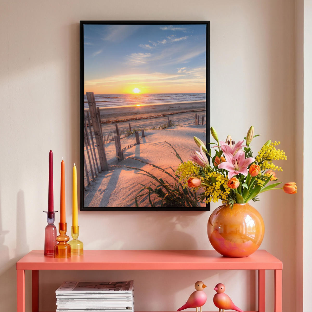 LEINWAND Bilder mit Rahmen - Strand - Meer - Düne - Sonnenuntergang - Landschaft - 40x60 - Beige, Textil (40/60cm) - MuchoWow