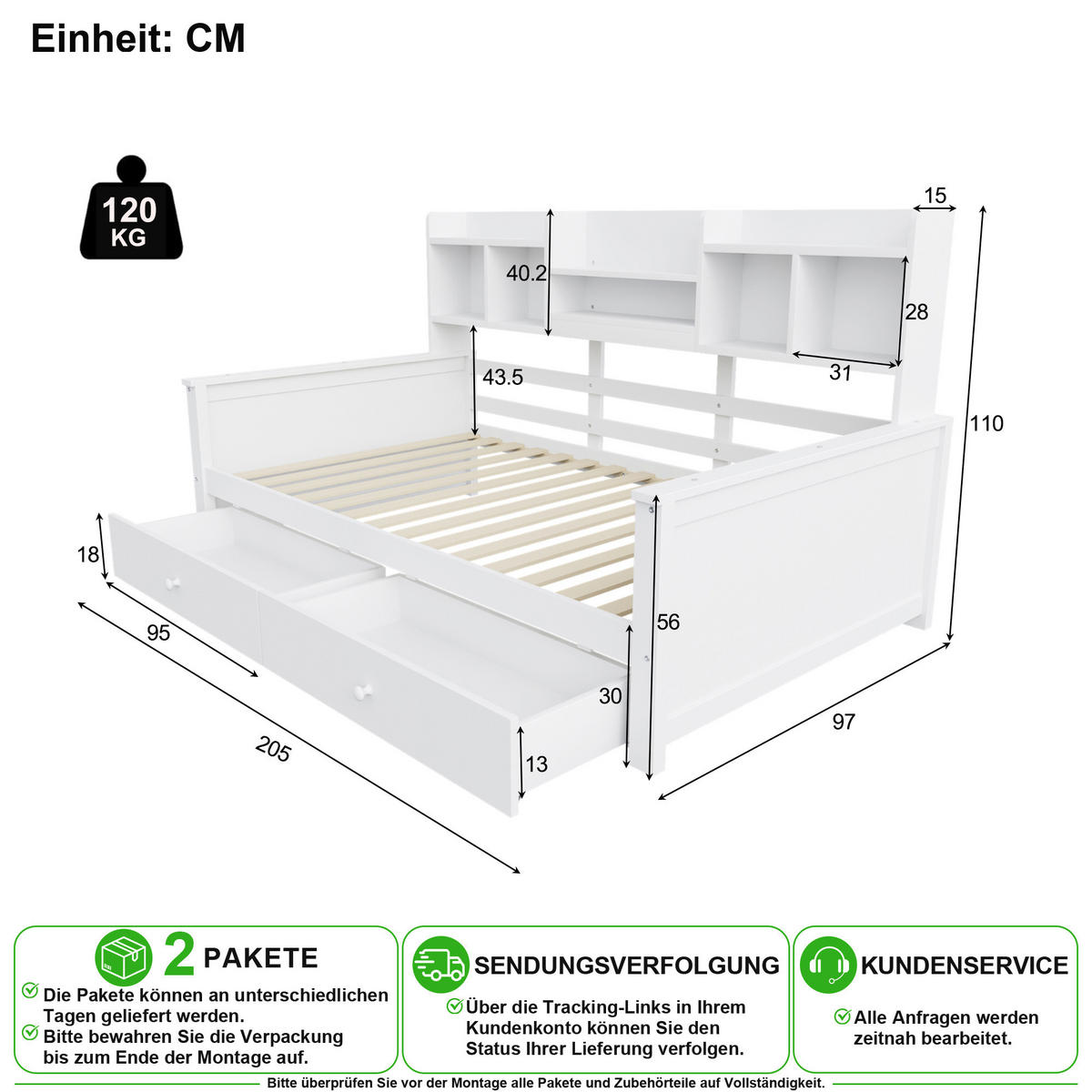 SCHLAFSOFA 90/200 cm in Weiß mit 2 Schubladen und Regal - Weiß, Holz/Holzwerkstoff (90/200cm) - CHICFURN