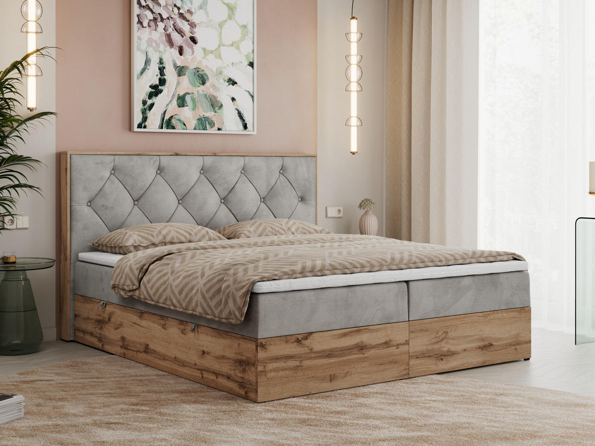 BOXBETT VENETO 160/200 Hellgrau Velvet - H3 - Hellgrau, Holz/Textil (160/200cm) - MKS