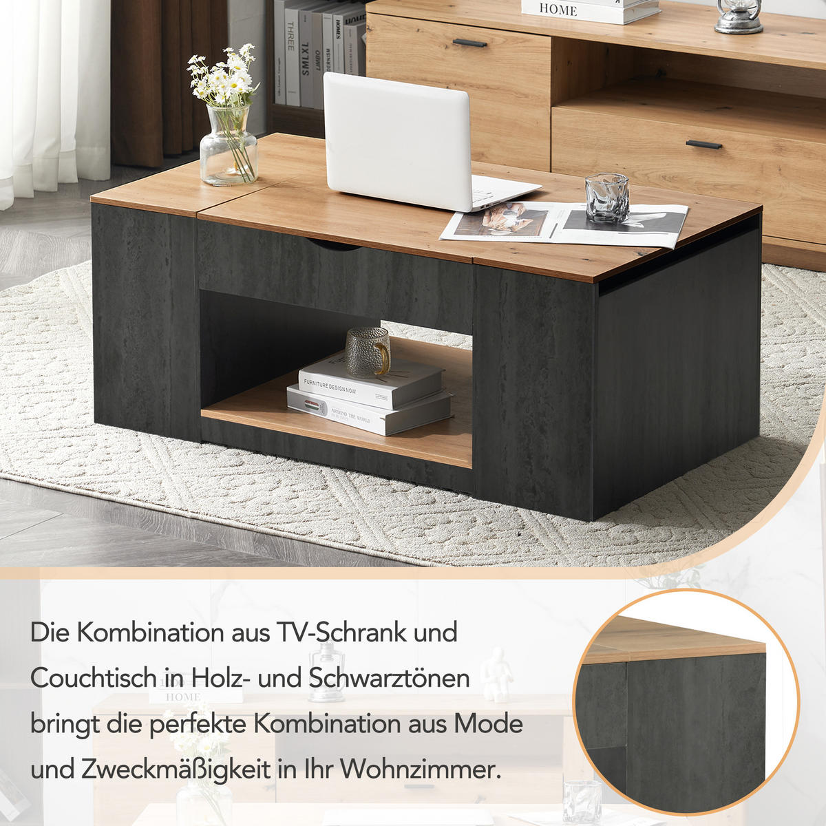 COUCHTISCH DE-088 Liftfunktion Grau/Holzoptik - Grau, Holzwerkstoff (60/110/57cm) - ComfortXL